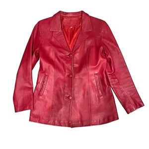 Red Vintage Leather Jacket Blazer with Chunky Coated Buttons - Small/Medium